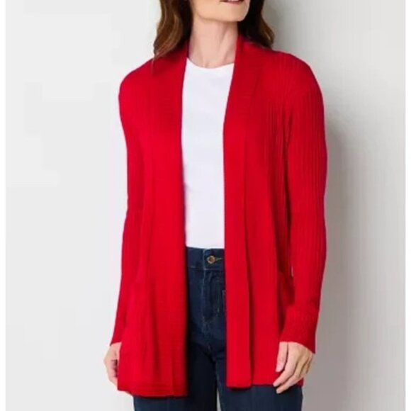 Liz Claiborne Sweaters - Liz‎ Claiborne Cardigan Sweater Womens S Red Open Front Ribbed Knit Pockets NWT